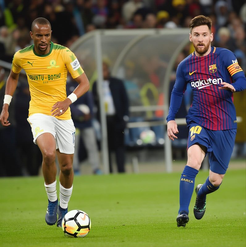 Tiyani Mabunda alongside Lionel Messi in a match against FC Barcelona